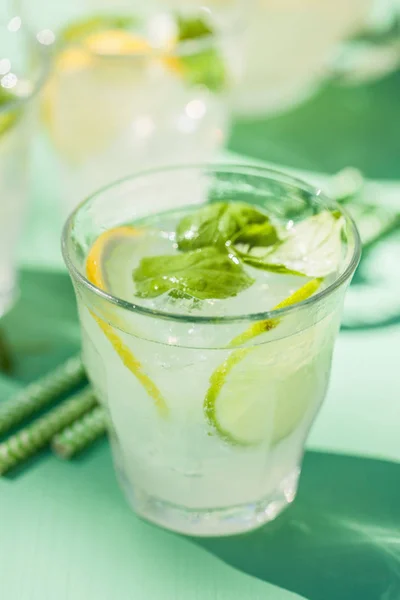 Refreshing lemonade drink with mint lime lemon in garden — Stock Photo, Image