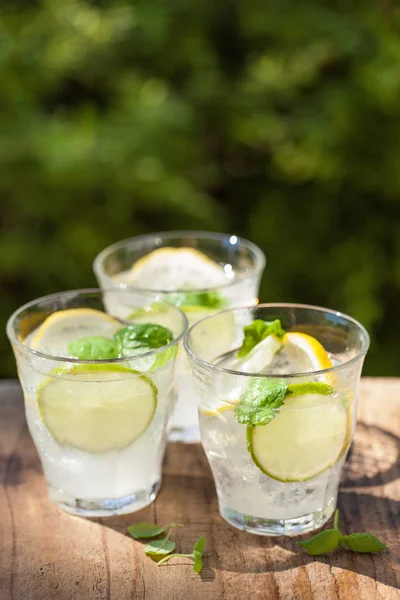 Refreshing lemonade drink with mint lime lemon in garden — Stock Photo, Image