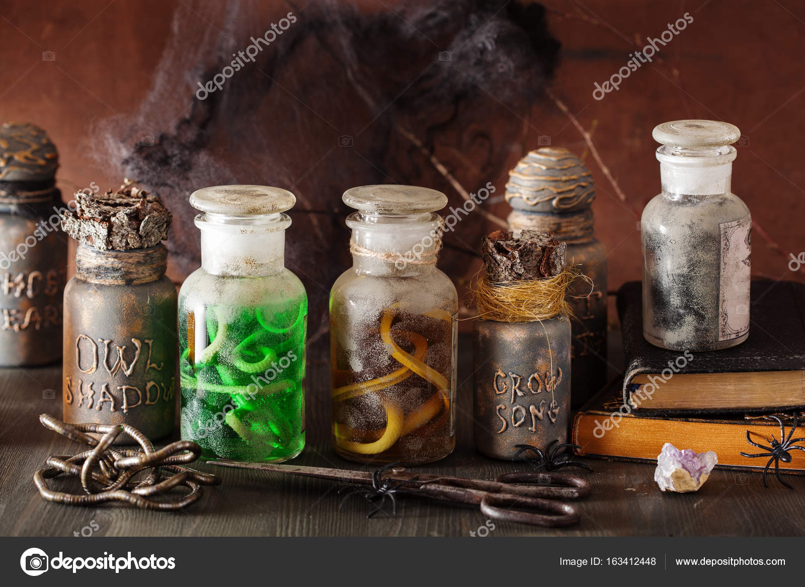 Witch Apothecary Jars Magic Potions Halloween Decoration Stock