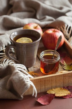 sıcak limon bal çay içecek eşarp rahat sonbahar yaprakları Isınma