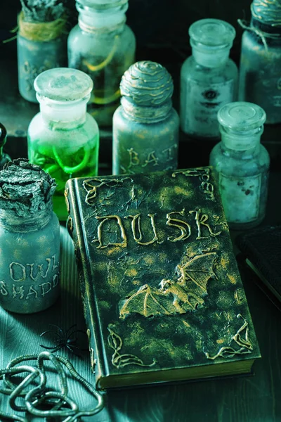 Bruxa boticário frascos poções mágicas livro halloween decoração — Fotografia de Stock