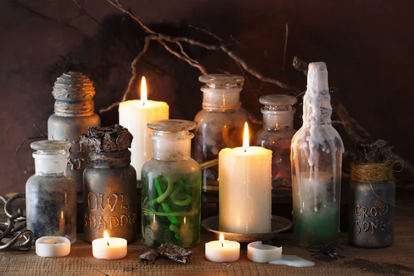 Witch apothecary jars magic potions halloween decoration — Stock Photo, Image