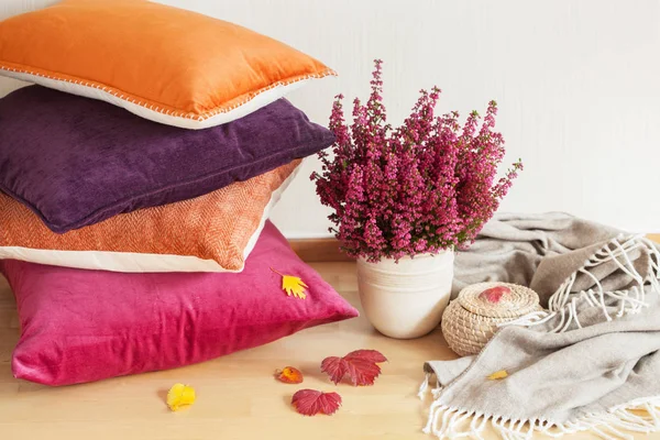 Colorful cushions throw cozy home autumn mood flower — Stock Photo, Image