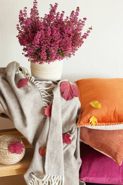 Colorful cushions throw cozy home autumn mood flower — Stock Photo, Image