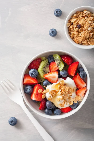 Obstbeerensalat mit Joghurt und Müsli zum gesunden Frühstück — Stockfoto