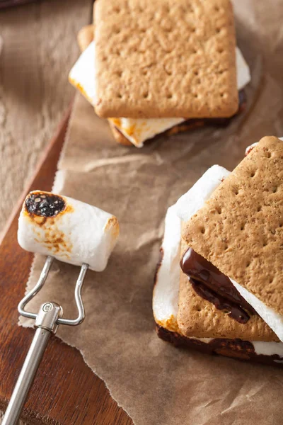 Zelfgemaakte marshmallow s'mores met chocolade op crackers — Stockfoto