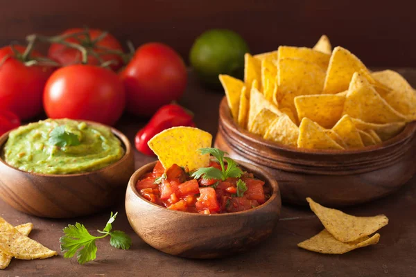 Mexikói guacamole és a salsa szószt, nachos tortilla chips — Stock Fotó