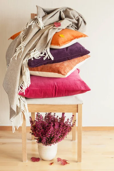 Cuscini colorati gettare accogliente casa autunno umore fiore foglia — Foto Stock