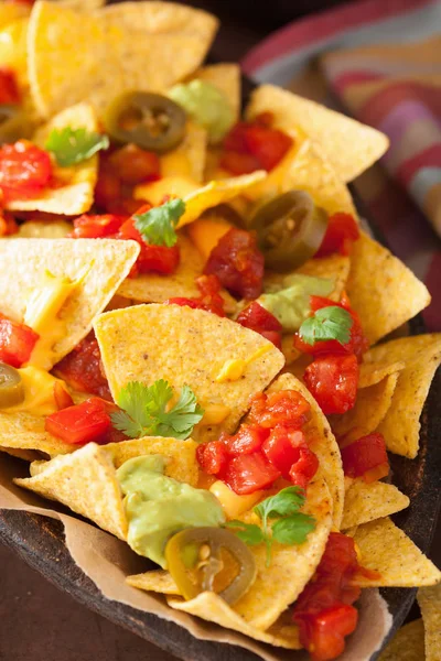 Nacho yüklü ile salsa, guacamole, peynir ve jalapeno