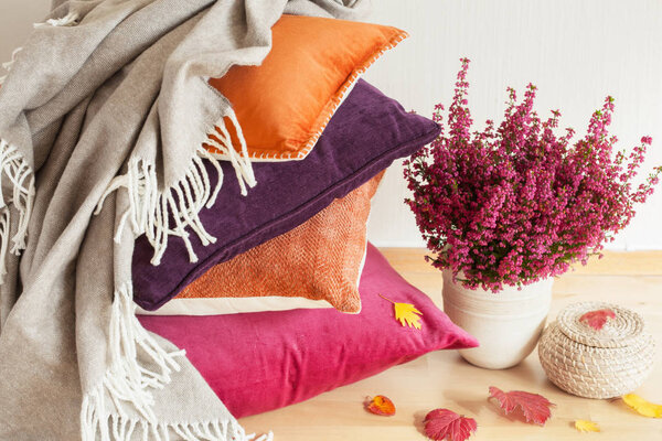 Colorful cushions throw cozy home autumn mood flower leaf Stock Photo