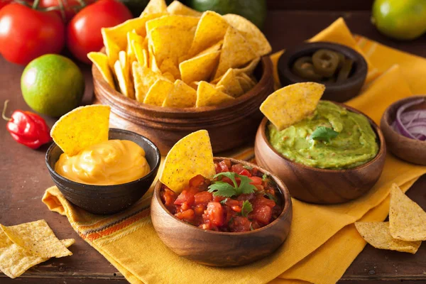 Mexikói nachos, guacamole, salsa és sajt dip — Stock Fotó