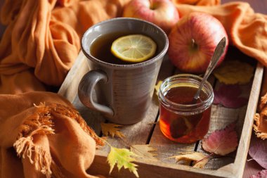 sıcak limon bal çay içecek eşarp rahat sonbahar yaprakları Isınma