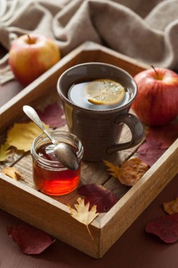 sıcak limon bal çay içecek eşarp rahat sonbahar yaprakları Isınma