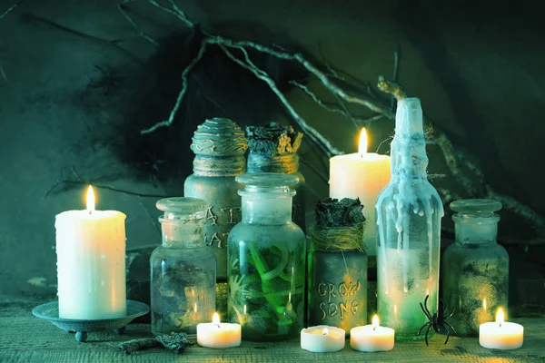 Witch apothecary jars magic potions halloween decoration Royalty Free Stock Photos