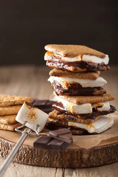 Homemade marshmallow s'mores with chocolate on crackers — Stock Photo, Image