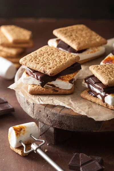 Hausgemachte Marshmallow s 'mores mit Schokolade auf Crackern — Stockfoto
