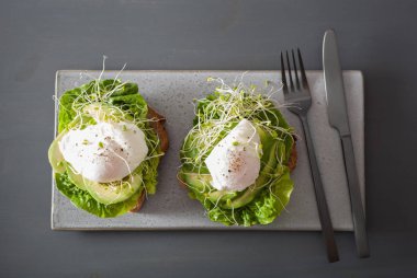 Kahvaltı tost avokado, haşlanmış yumurta ve Yonca filizi