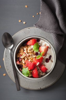 Granola ve tohum ve kahvaltı çilekli yoğurt