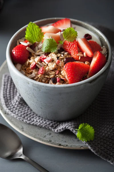 Granola i jogurt z ziarnami i truskawka na śniadanie — Zdjęcie stockowe