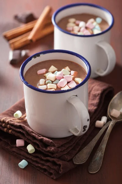 Hot chocolate with mini marshmallows cinnamon winter drink — Stock Photo, Image