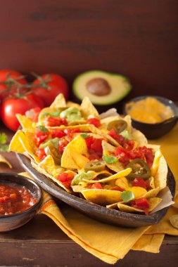Nacho yüklü ile salsa, guacamole, peynir ve jalapeno