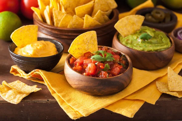 Mexikói nachos tortilla chips a guacamole, salsa és sajt d — Stock Fotó