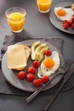 sahanda yumurta, avokado, domates sağlıklı kahvaltı için