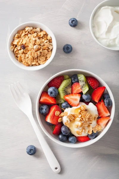 Obstbeerensalat mit Joghurt und Müsli zum gesunden Frühstück — Stockfoto