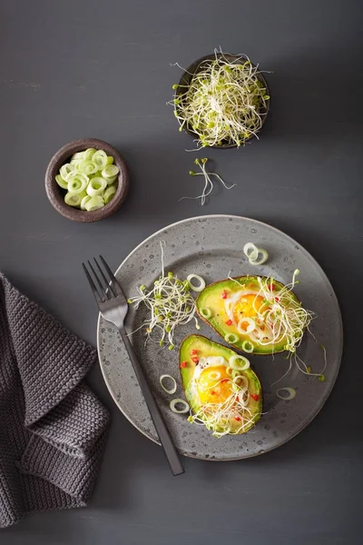 Яйцо запечено в авокадо с весенним луком и люцерной капустой — стоковое фото