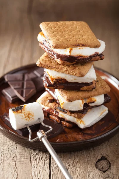 Zelfgemaakte marshmallow s'mores met chocolade op crackers — Stockfoto