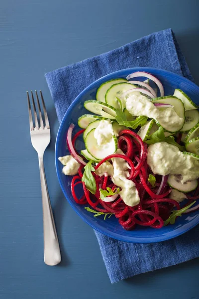 spiralized beet and cucumber salad with avocado dressing, health