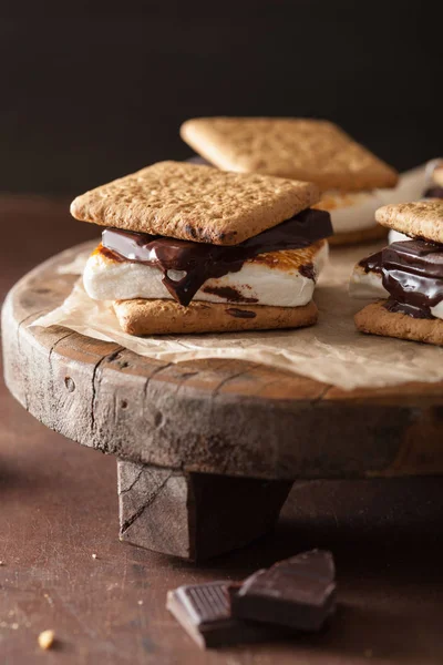 Homemade marshmallow s'mores with chocolate on crackers — Stock Photo, Image