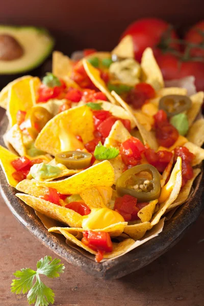 Nachos carichi di salsa, formaggio e jalapeno — Foto Stock