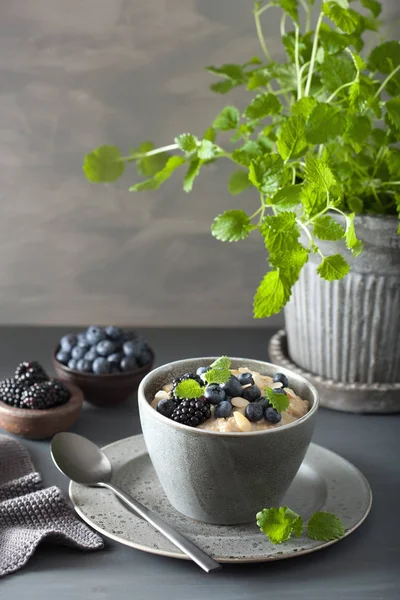 Hälsosam frukost stål cut havregryn gröt med blåbär blac — Stockfoto