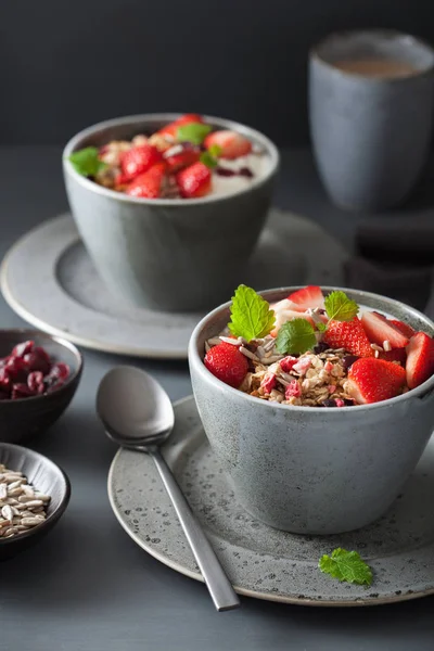 Müsli och yoghurt med frön och jordgubbar till frukost — Stockfoto
