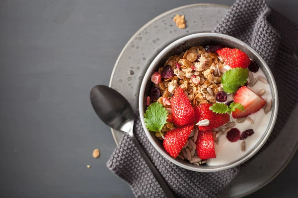 格兰诺拉麦片和酸奶的种子和草莓的早餐 — 图库照片