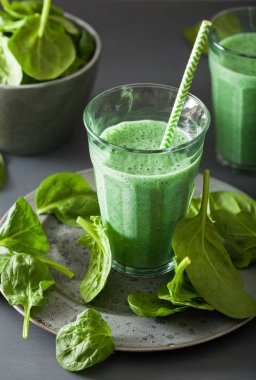 spirulina, chia tohumu, limon, elma ile yeşil ıspanak güler yüzlü
