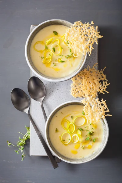 Soupe crémeuse de pommes de terre et poireaux dans un bol — Photo