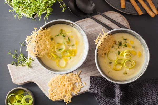 Soupe crémeuse de pommes de terre et poireaux dans un bol — Photo