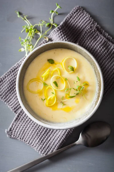 Soupe crémeuse de pommes de terre et poireaux dans un bol — Photo