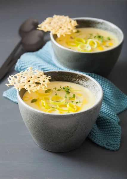 Soupe crémeuse de pommes de terre et poireaux dans un bol — Photo