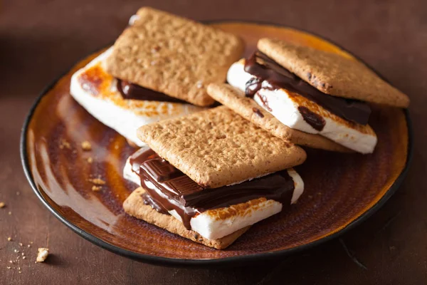 Hausgemachte Marshmallow s 'mores mit Schokolade auf Crackern — Stockfoto