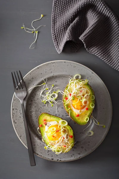 In Avocado gebackenes Ei mit Frühlingszwiebeln und Luzernesprossen — Stockfoto