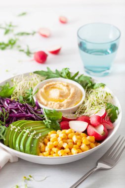 Humus, kırmızı lahana, ra ile vegan avokado tatlı mısır yemek kase