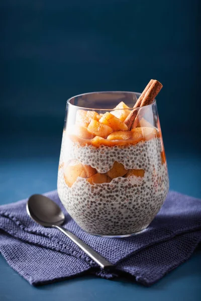 Budín de chía con manzanas cocidas a fuego lento con canela y mantequilla de maní —  Fotos de Stock