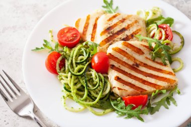 Ketogenik paleo diyeti öğle yemeği. Halloumi peyniri, sarımsaklı kabak.