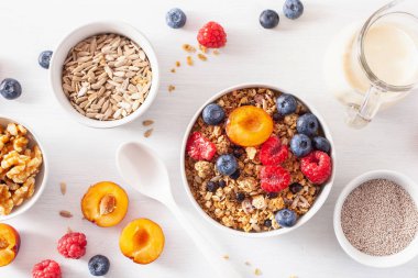 berry meyve somun, kahvaltı için sağlıklı granola vegan süt