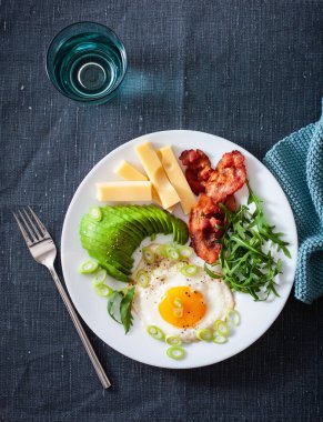 sağlıklı keto Kahvaltı: yumurta, avokado, peynir, pastırma