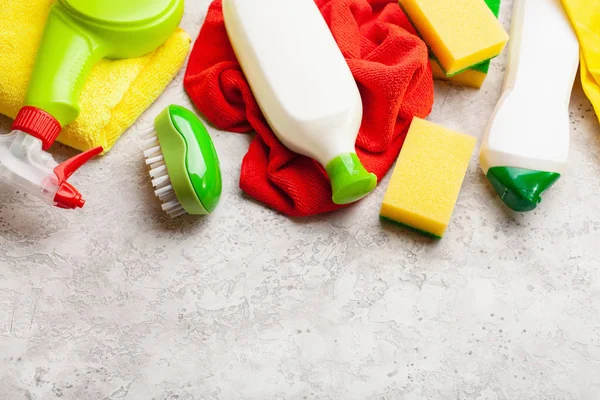 Cleaning products household chemicals spray brush sponge glove — Stock Photo, Image