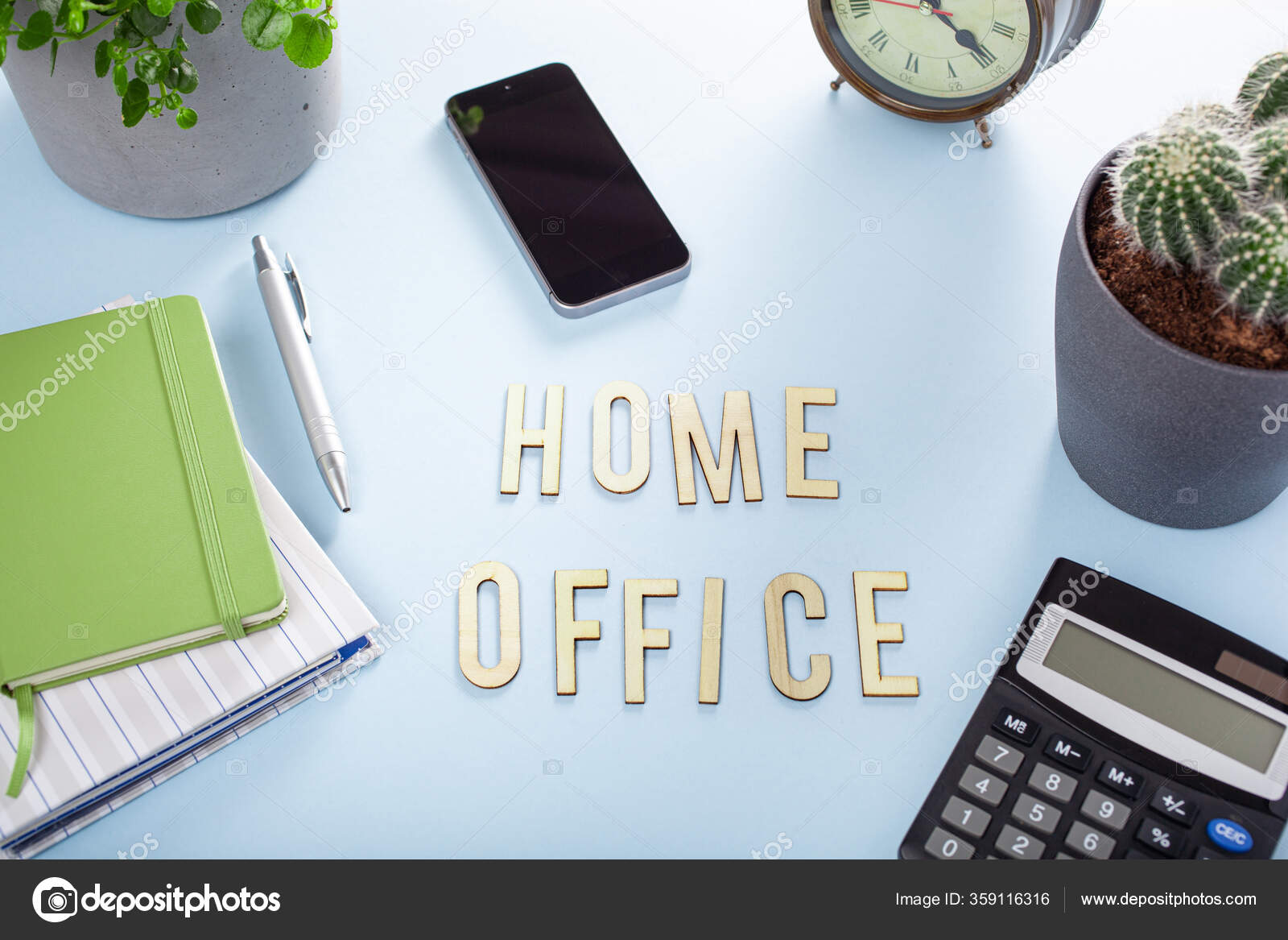 Home Office Text Desk Smartphone Notebook Houseplants Working Space